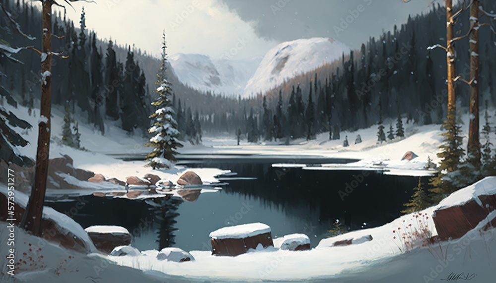  a painting of a snowy landscape with a lake in the foreground.  generative ai