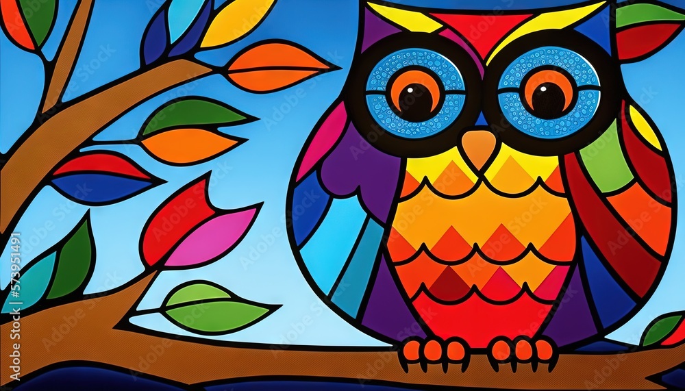  a colorful owl sitting on a tree branch with a sky background.  generative ai