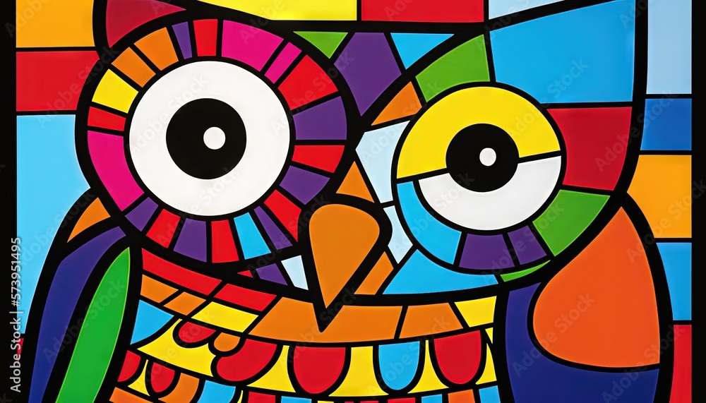  a painting of a colorful owl with big eyes and a multicolored background.  generative ai