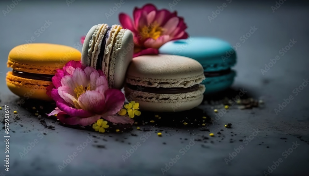  a group of macaroons sitting on top of a table.  generative ai