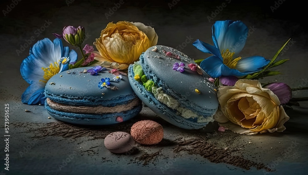  a pile of blue and yellow macaroons and flowers.  generative ai