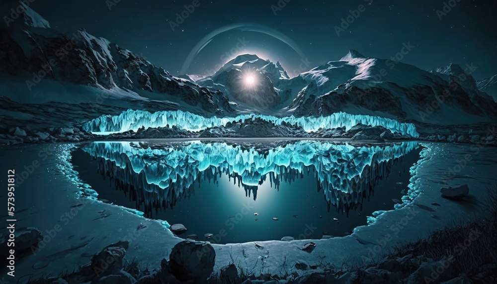  a painting of a mountain lake with ice and icebergs.  generative ai