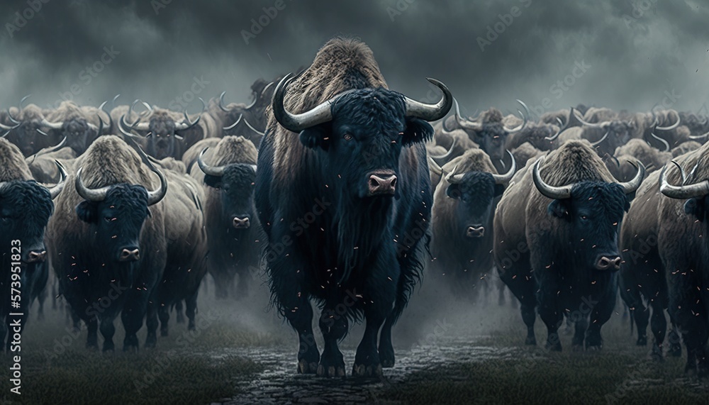  a large herd of buffalo walking across a field under a cloudy sky.  generative ai