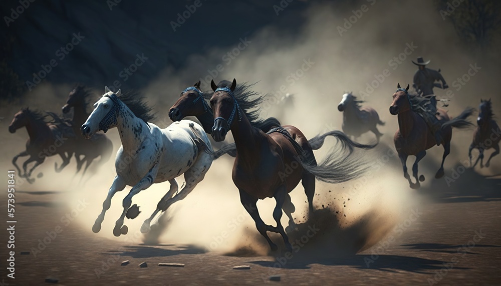  a group of horses running through a dusty area with dust.  generative ai