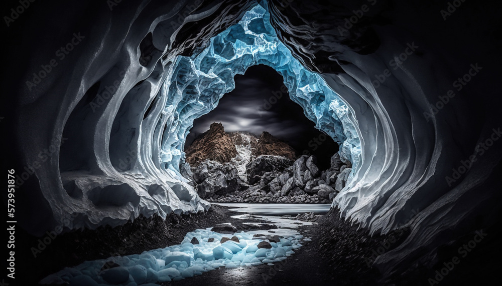  a large ice cave with a river running through it and a mountain in the background.  generative ai