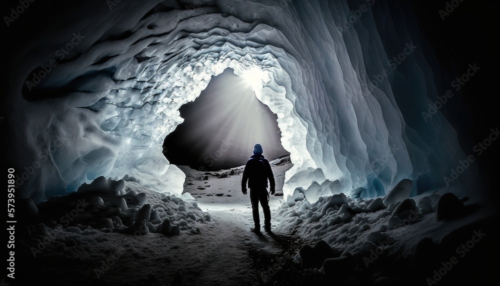  a man standing in a cave with a light coming from it.  generative ai