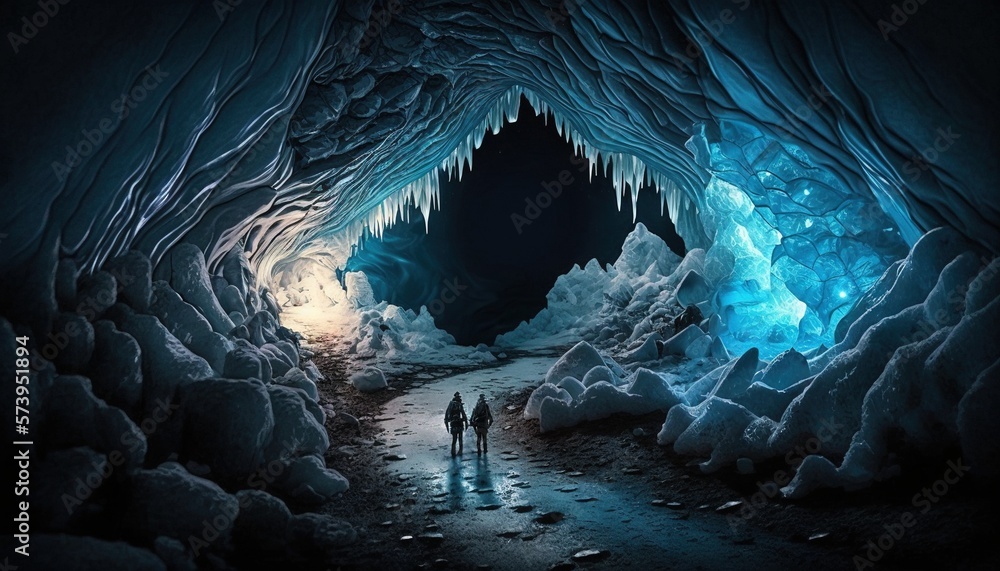  two people standing in a cave with ice formations on either side.  generative ai