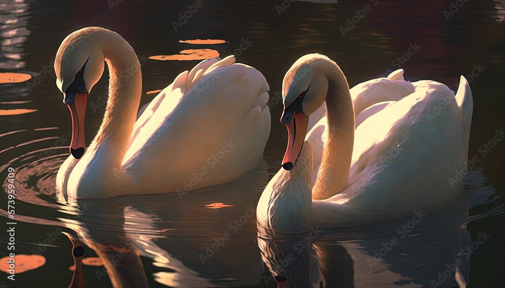  two white swans swimming in a pond with their necks crossed.  generative ai