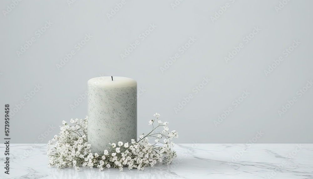  a white candle with a bunch of babys breath flowers.  generative ai