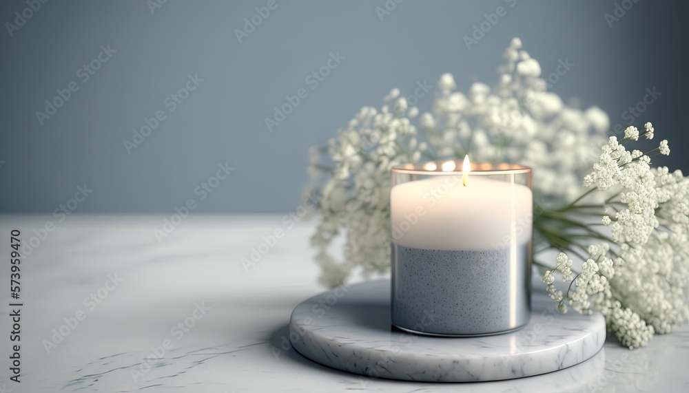  a white and grey candle sitting on top of a marble table.  generative ai