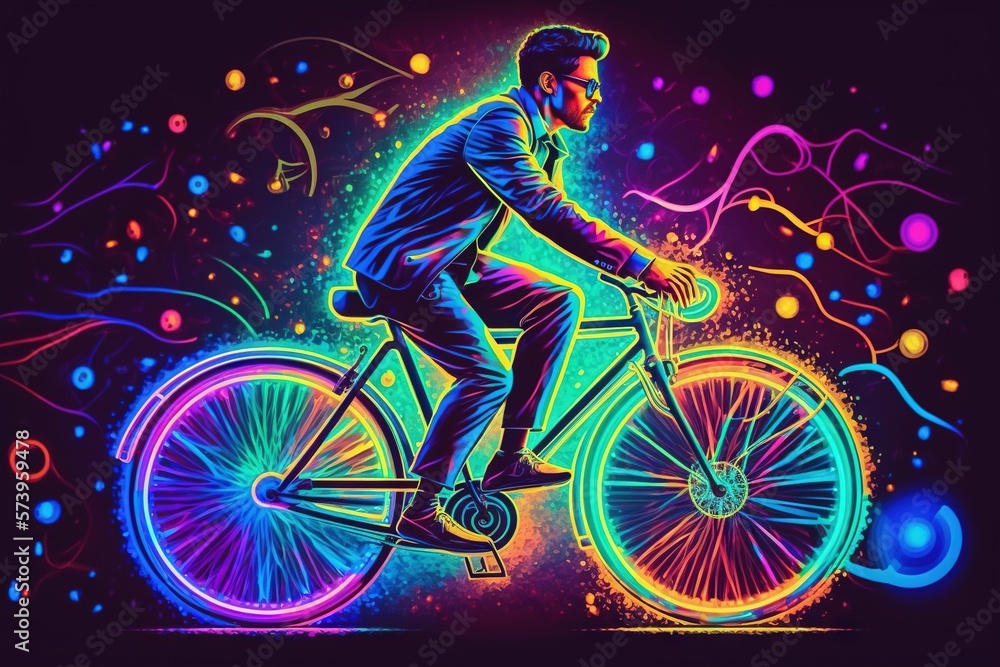  a man riding a bike in a neon light painting style.  generative ai