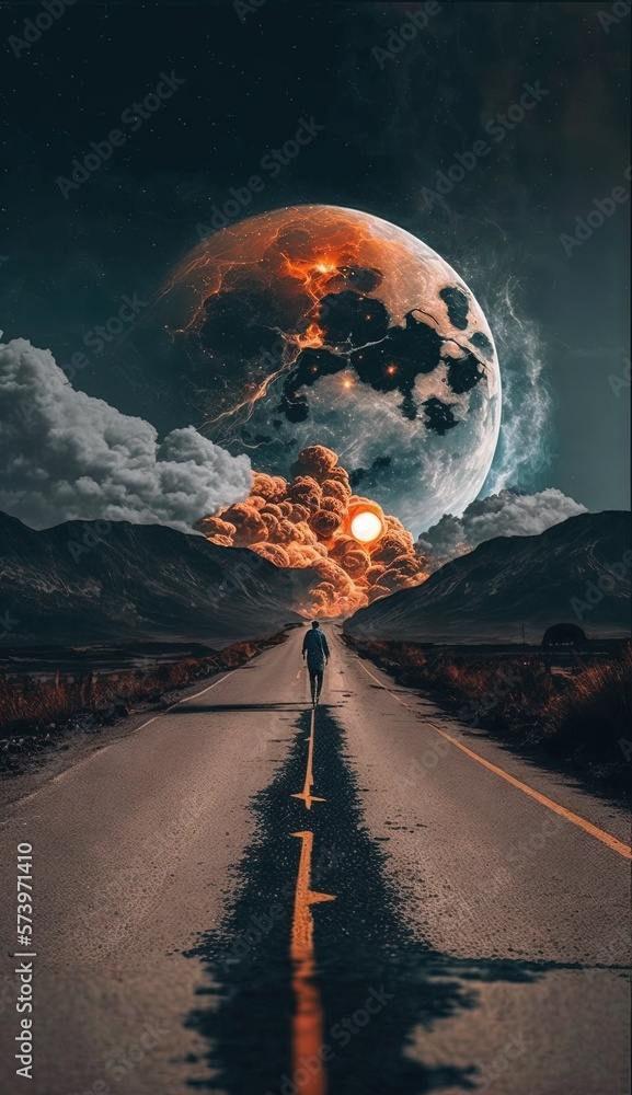  a person standing on a road with a full moon in the background.  generative ai