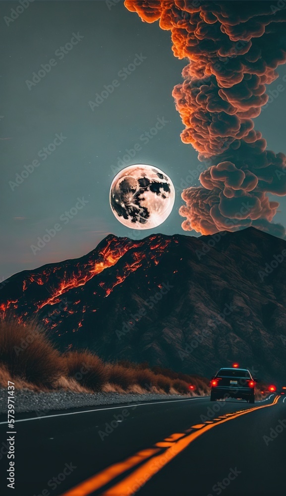  a car driving down a road with a full moon in the background.  generative ai