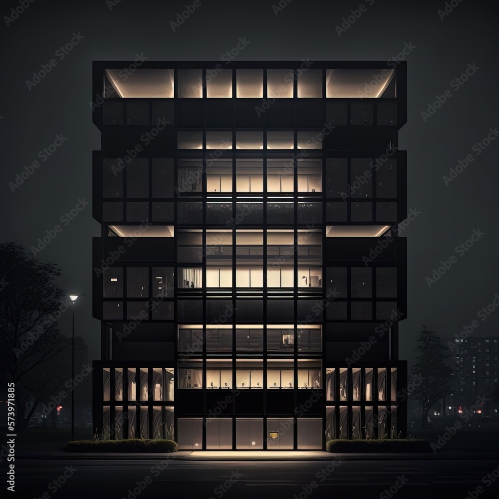  a tall building with lots of windows lit up at night.  generative ai