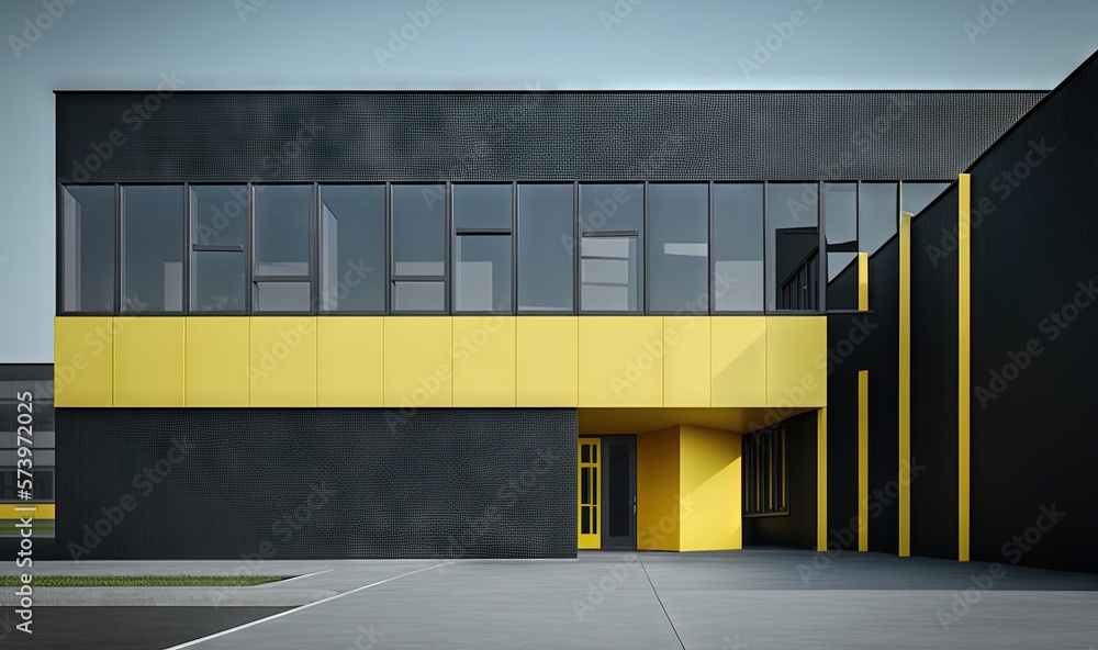  a yellow and black building with a parking lot in front of it.  generative ai