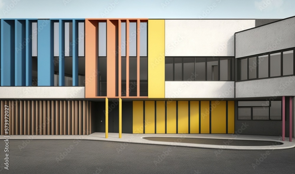  a multicolored building with a parking lot in front of it.  generative ai