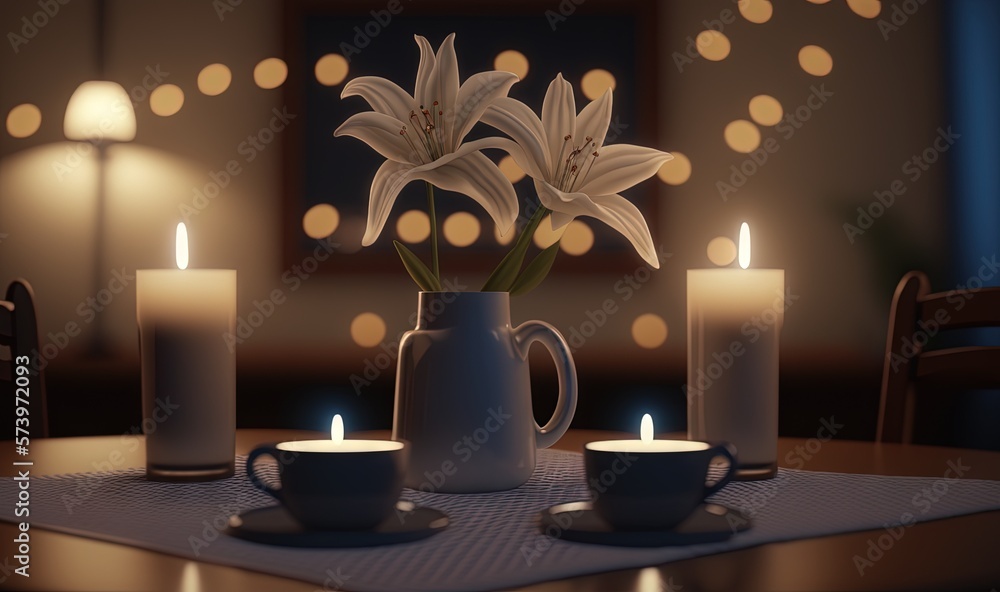  a table with a vase of flowers and candles on it.  generative ai