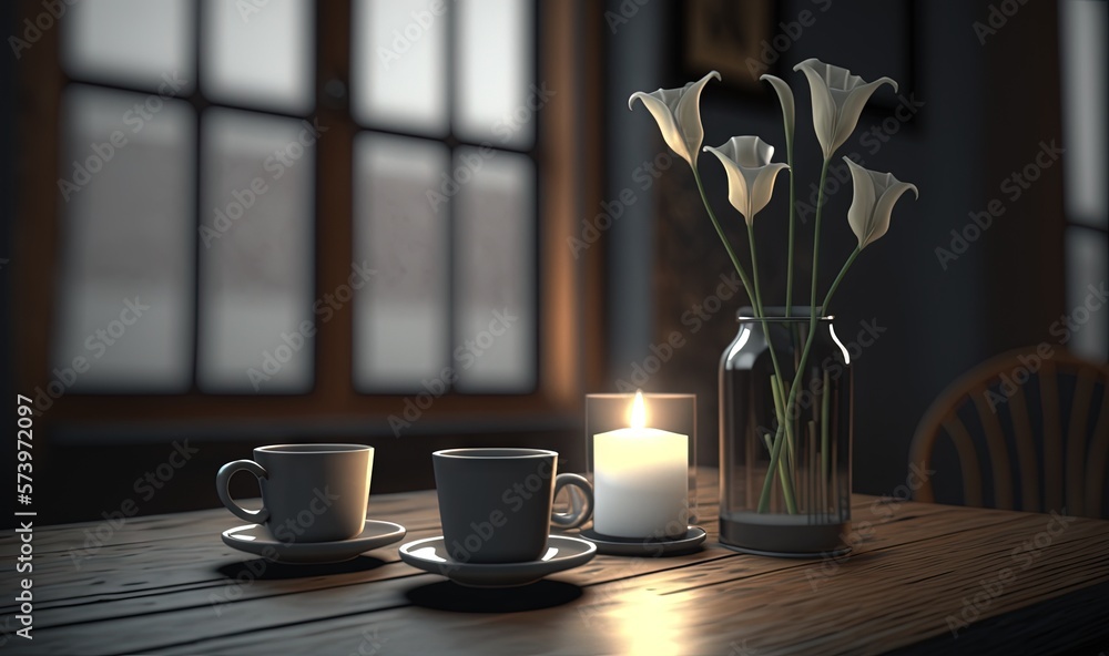  a table with two cups and a vase with flowers in it.  generative ai