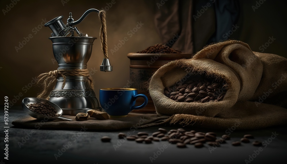  a still life of coffee beans, a coffee grinder, and a blue cup.  generative ai