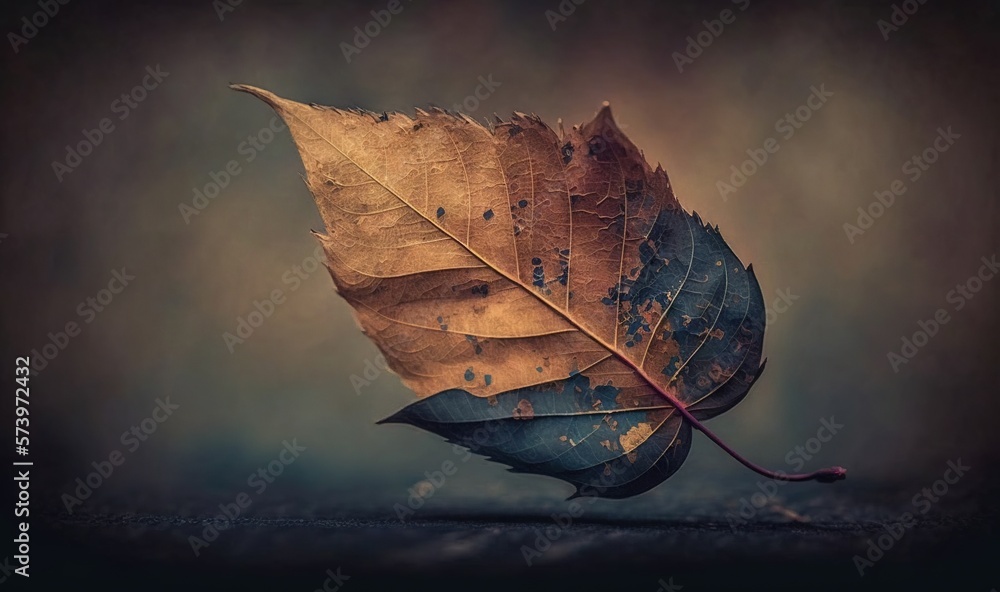  a single leaf on the ground with a black background and a brown and blue background.  generative ai