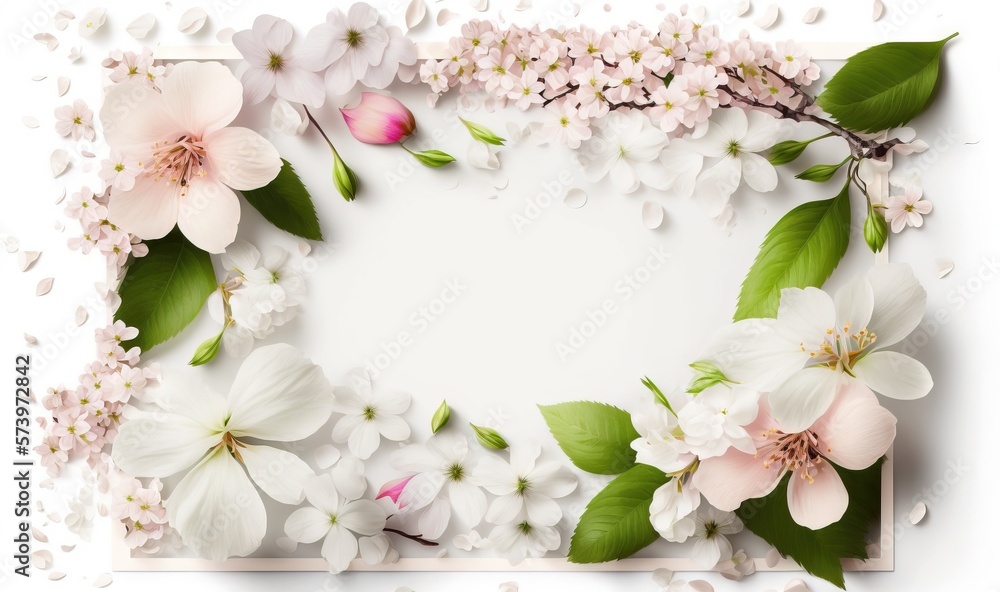  a white frame with pink and white flowers and leaves on it.  generative ai