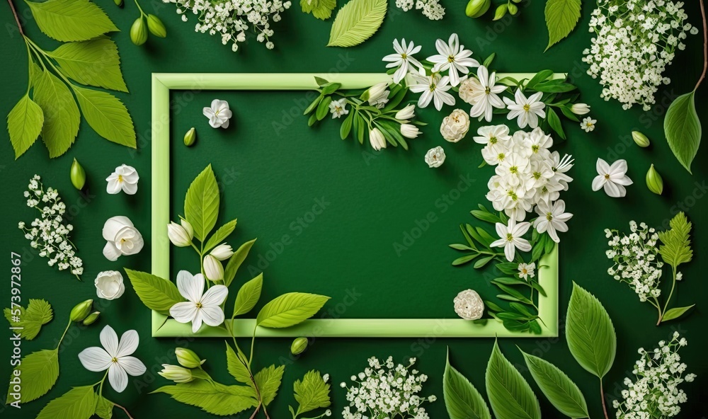  a square frame surrounded by white flowers and green leaves on a green background.  generative ai