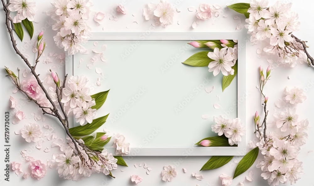  a white frame with pink flowers and green leaves on a white background.  generative ai