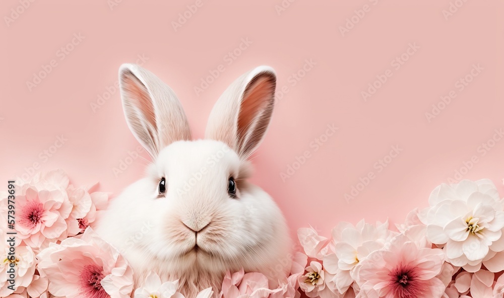  a white rabbit is sitting in a pink flowered border.  generative ai