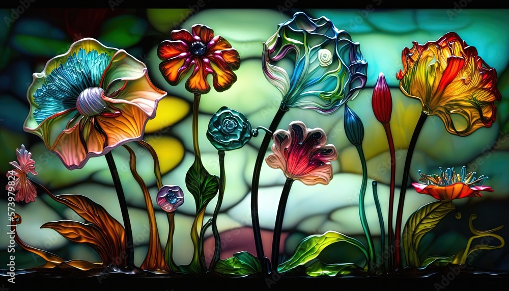  a stained glass window with colorful flowers in the center of it.  generative ai