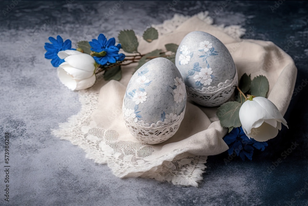  two decorated eggs sitting on top of a table next to flowers.  generative ai