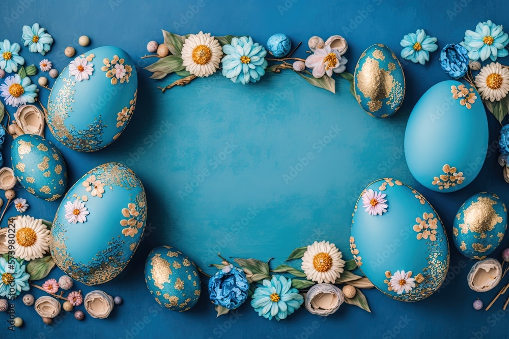  a group of blue eggs with flowers and leaves on a blue background.  generative ai