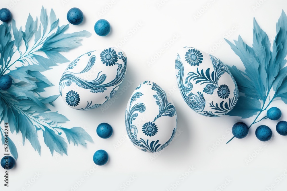  three blue and white decorated eggs with leaves and berries on a white background.  generative ai