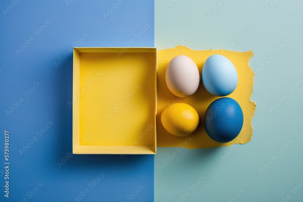  a yellow box with four eggs in it on a blue and yellow background.  generative ai