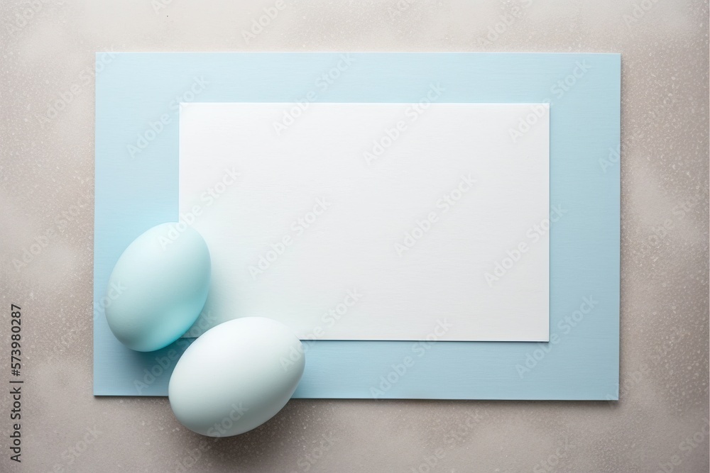  two blue eggs and a blank paper on a blue background.  generative ai