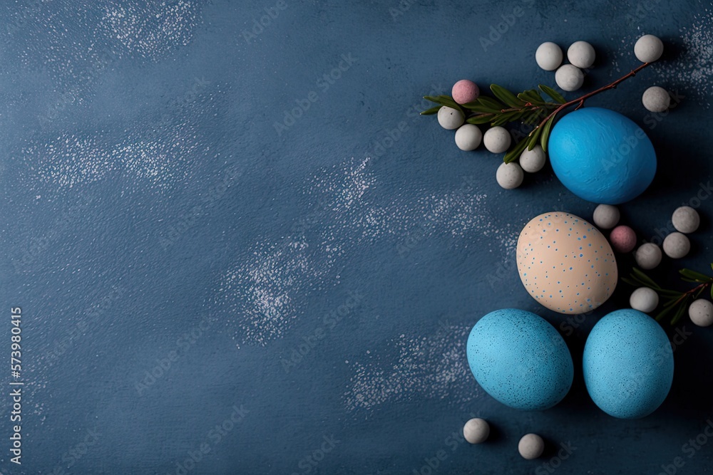  a blue background with eggs and berries on the side of it.  generative ai