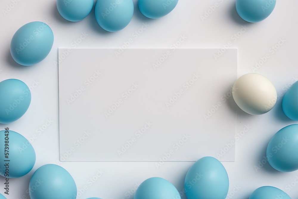  an overhead view of blue and white eggs and a white paper.  generative ai