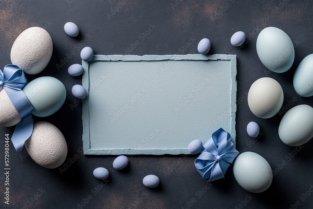  an empty card surrounded by blue and white eggs and bows.  generative ai