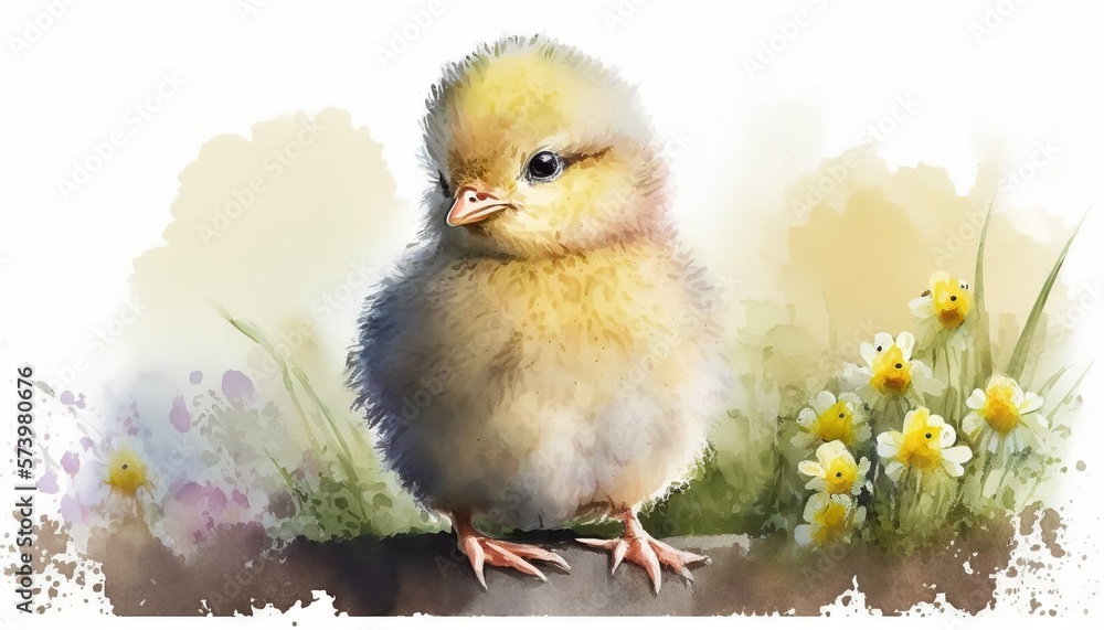  a small yellow chicken sitting on top of a rock next to a field of flowers.  generative ai