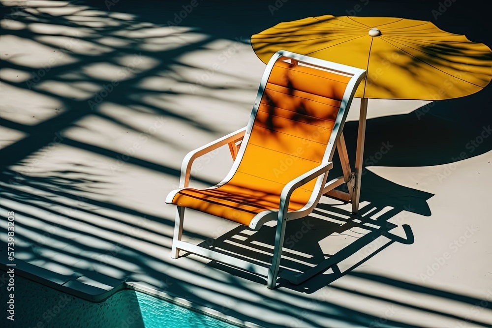  a yellow chair and a yellow umbrella on a patio next to a pool.  generative ai