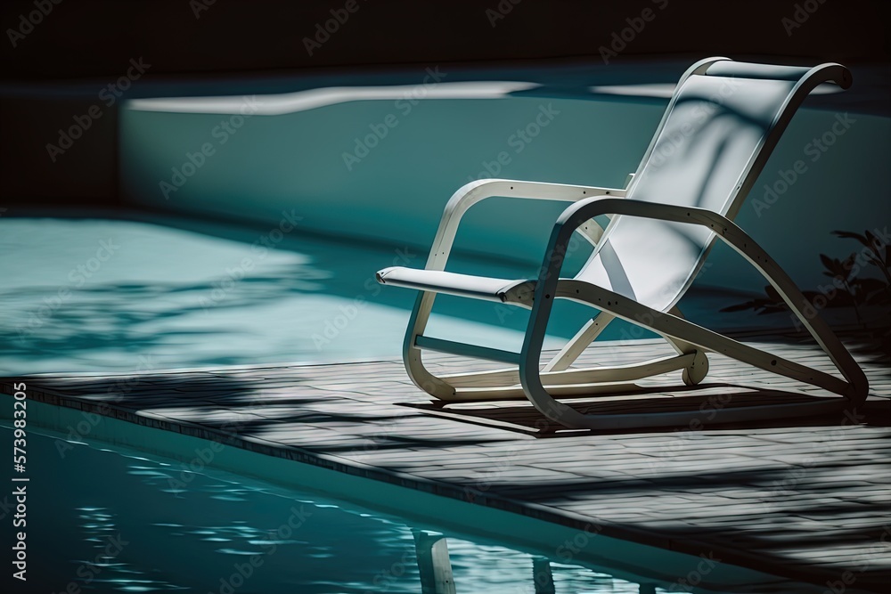  a white rocking chair sitting next to a swimming pool in the sun.  generative ai