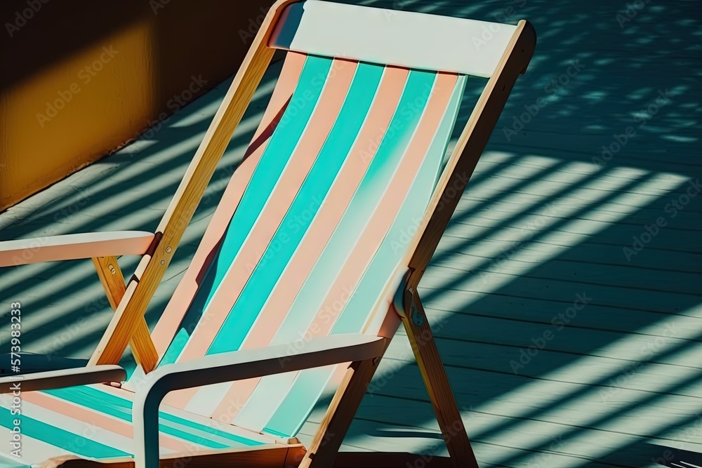  a lawn chair sitting on a deck with the sun shining on it.  generative ai