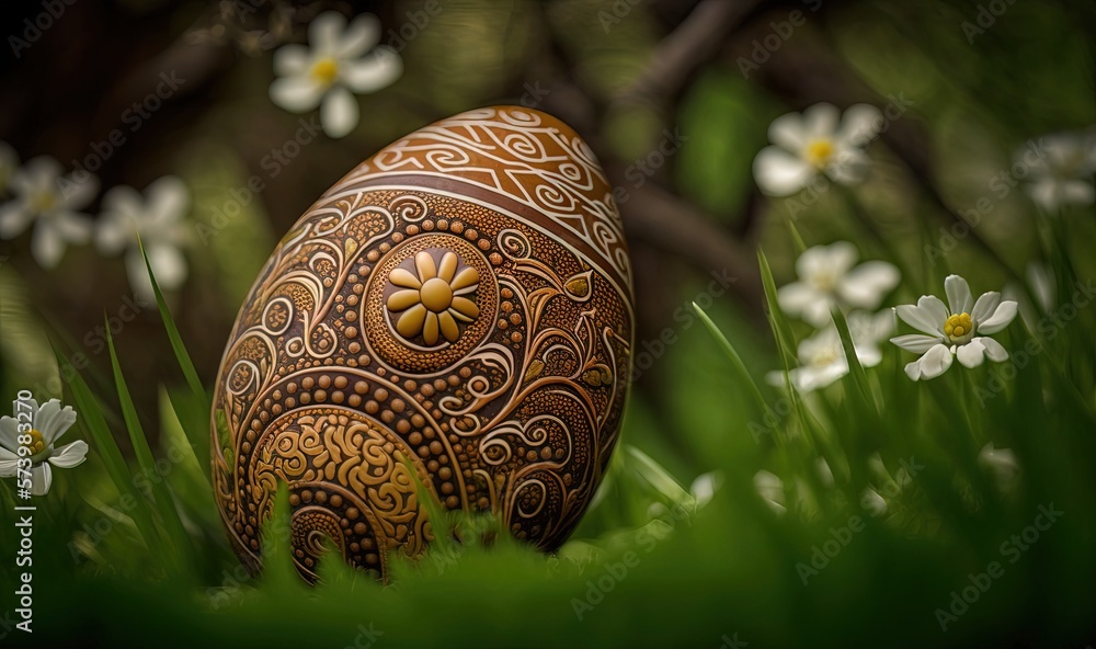  a painted egg sitting in the grass with daisies around it.  generative ai