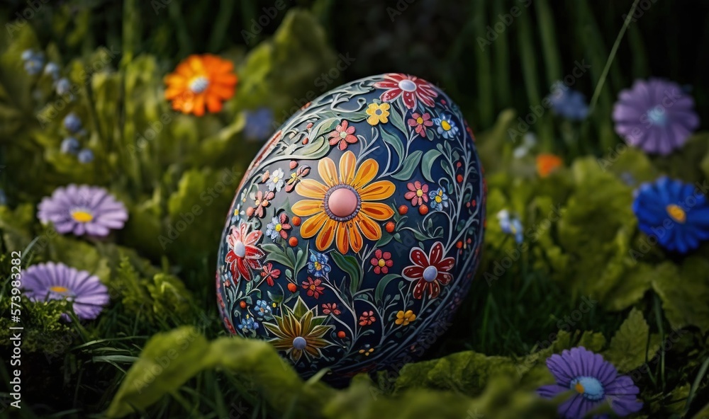  a painted egg sitting in a field of flowers and grass.  generative ai