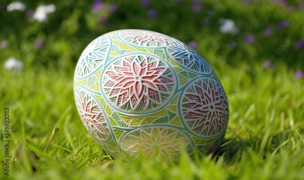  a painted egg sitting in the grass with flowers in the background.  generative ai