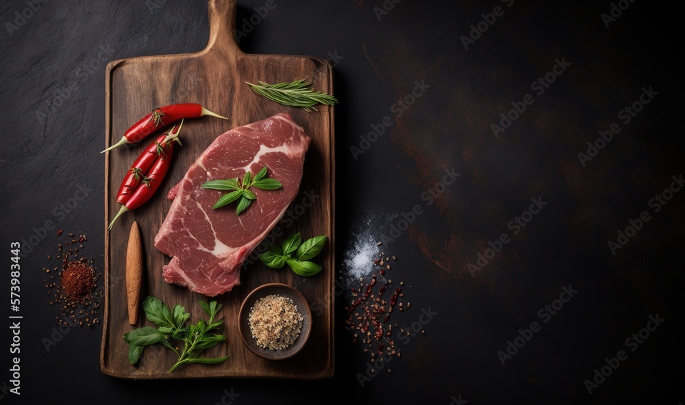  a piece of meat on a cutting board with spices and pepper.  generative ai