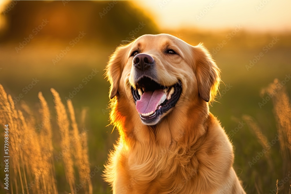  a golden retriever is sitting in a field of tall grass.  generative ai