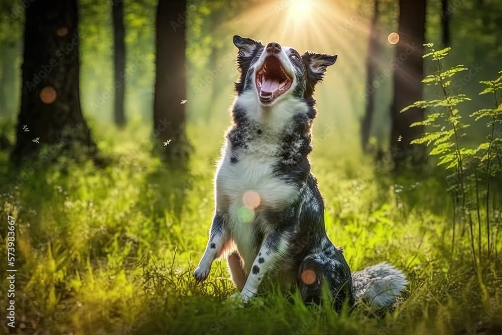  a dog sitting in the grass with its mouth wide open.  generative ai