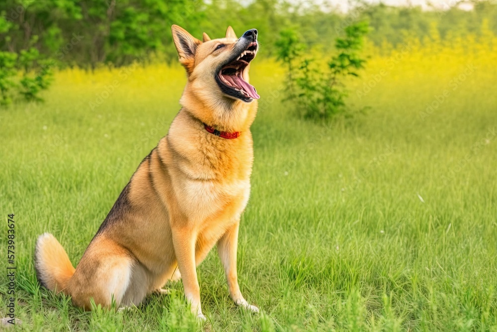  a dog sitting in the grass with its mouth open and its mouth wide open.  generative ai