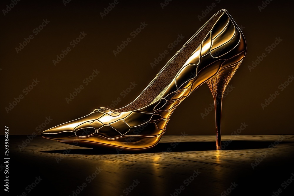  a gold high heeled shoe on a wooden floor in a dark room.  generative ai