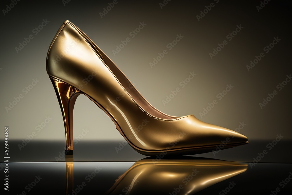  a gold high heeled shoe on a shiny surface with a reflection.  generative ai